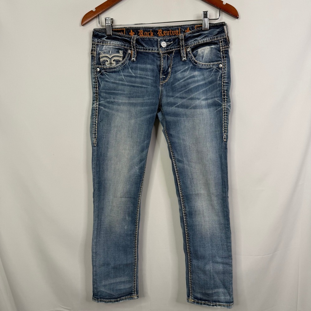 Rock Revival Abrienda Low RIse Cropped Jeans Size 26 Embellished Flap Pocket - Picture 3 of 14